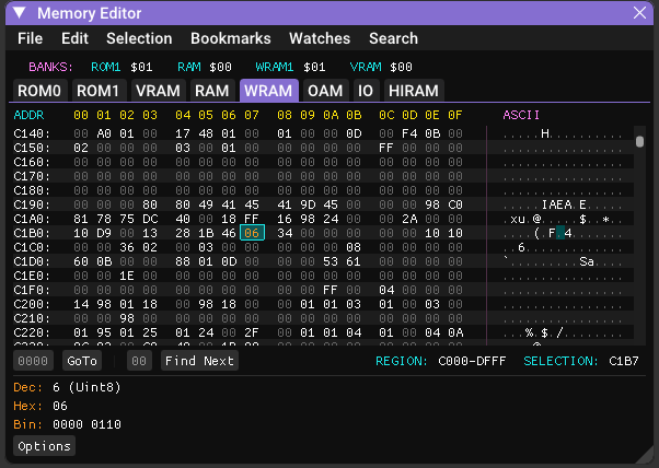 Using Gearboy's memory viewer